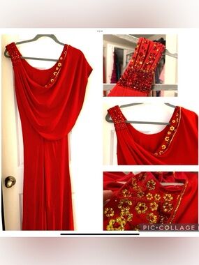 Swarovski Crystal Red Cape Dress with Pleated Shoulder